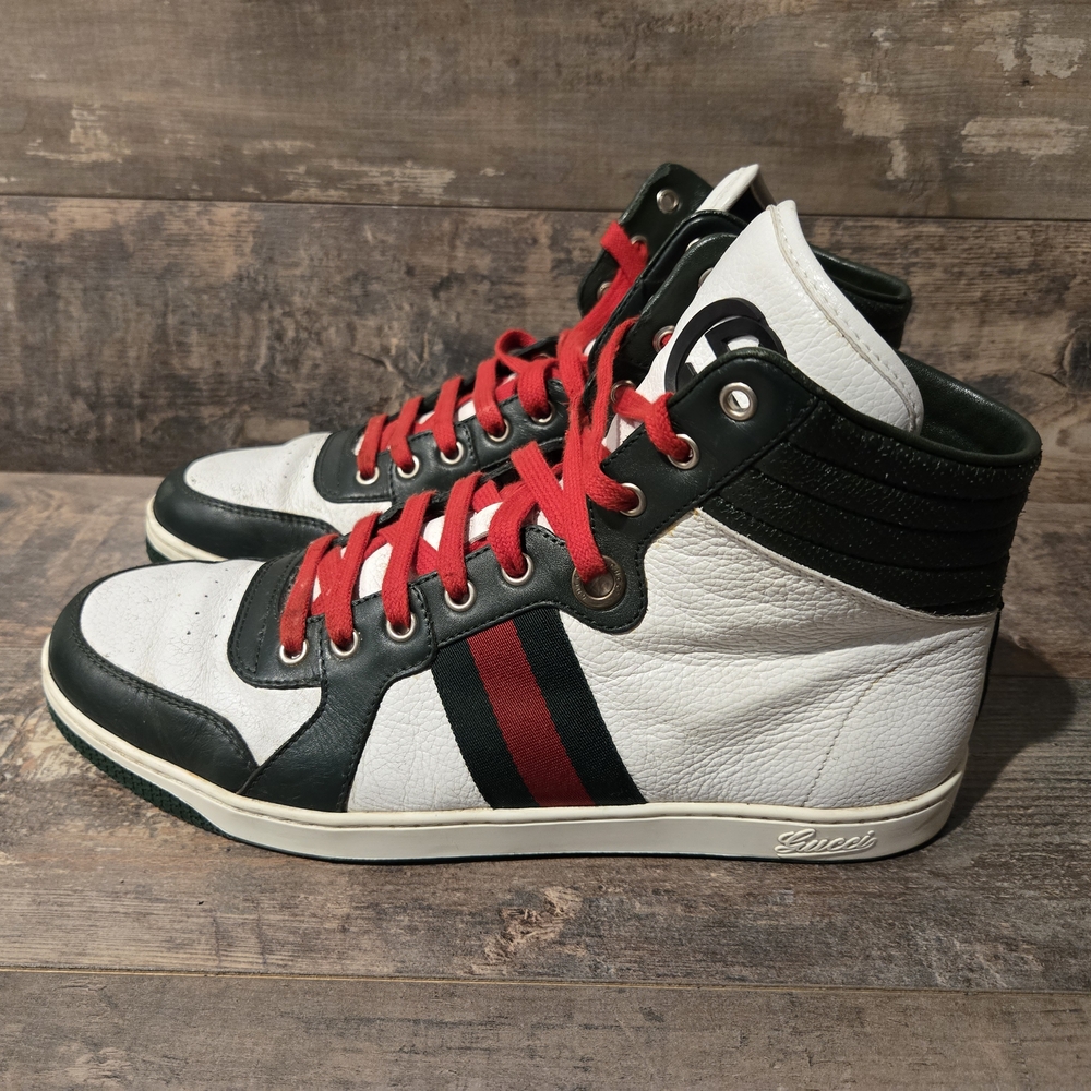 Vintage Gucci Coda Stripe White Green Leather High Top Sneakers Men ● 9.5